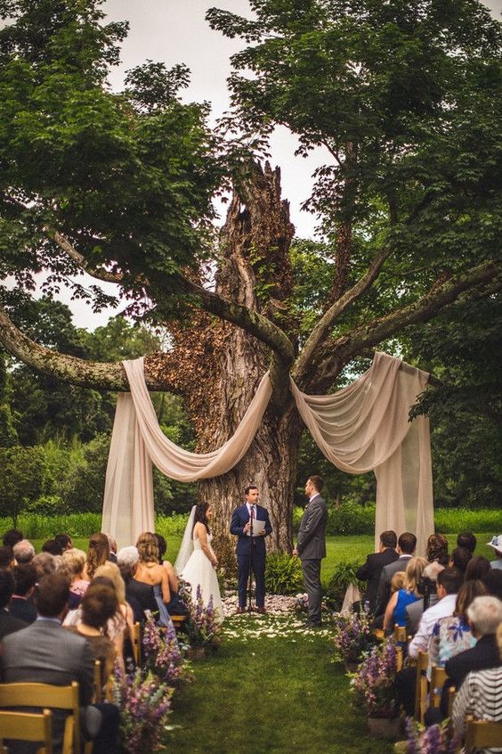 Longue table dressée sous les arbres d'un jardin privé